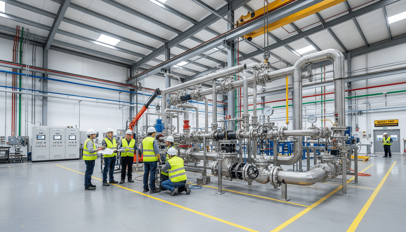 Salle technique avec pompes et tuyauterie de protection incendie
