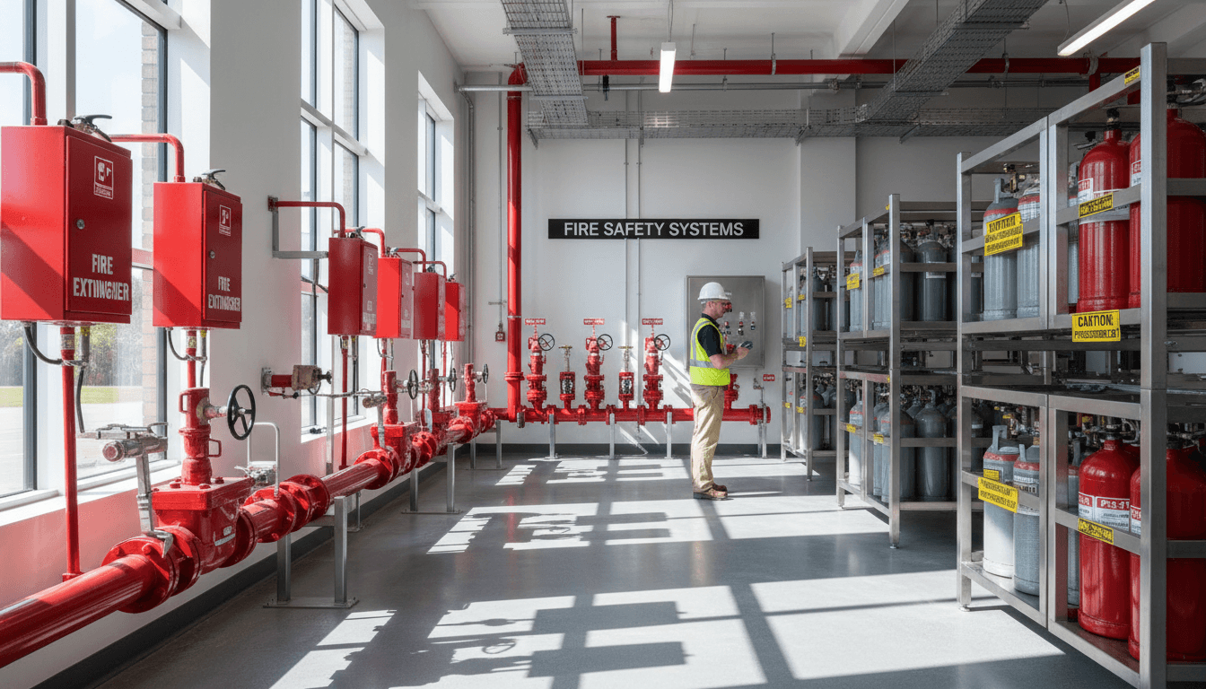 Organized fire suppression equipment room with red extinguishers, cylinders, and safety systems in modern facility