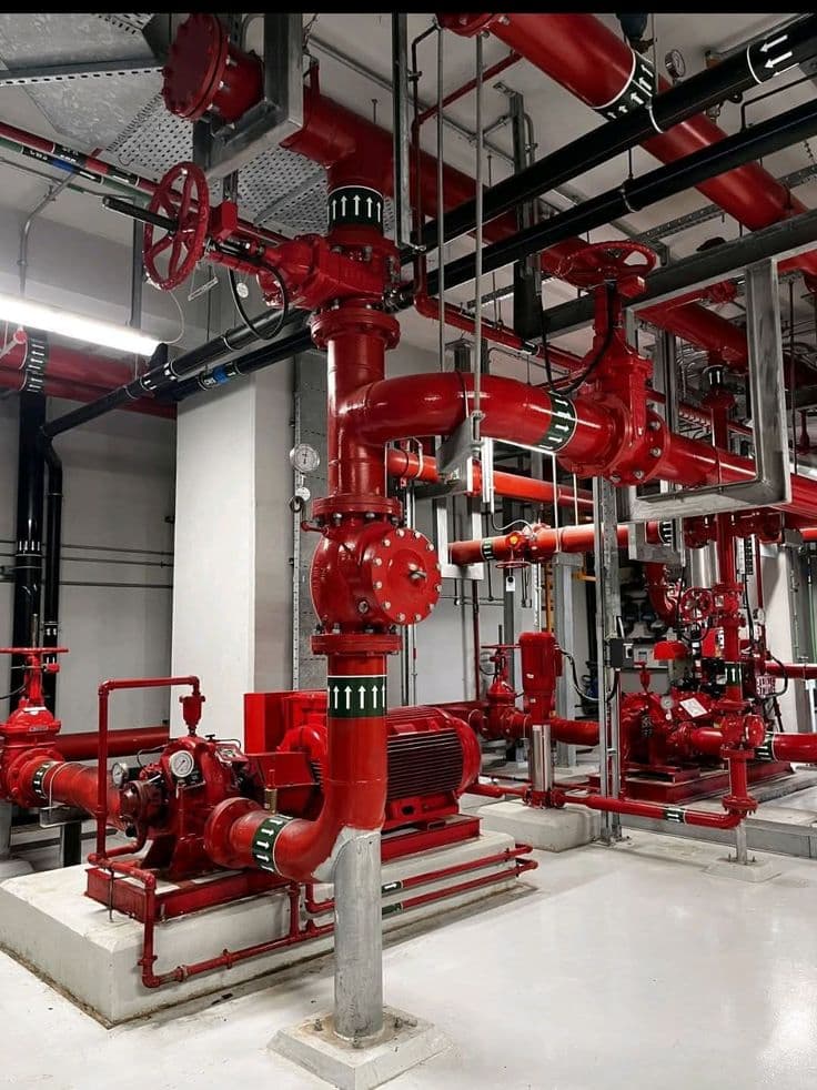 Réseau complexe de tuyaux rouges, vannes et pompes industrielles dans une salle mécanique moderne.